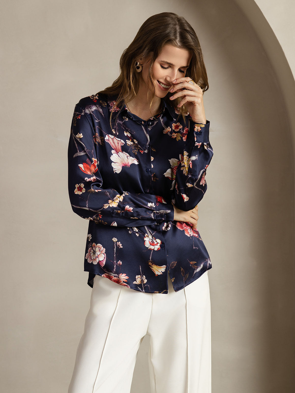 [Floral Azul Marino] SilkSilky-ES Seda Lapel Collar Blusas de Mujer 004