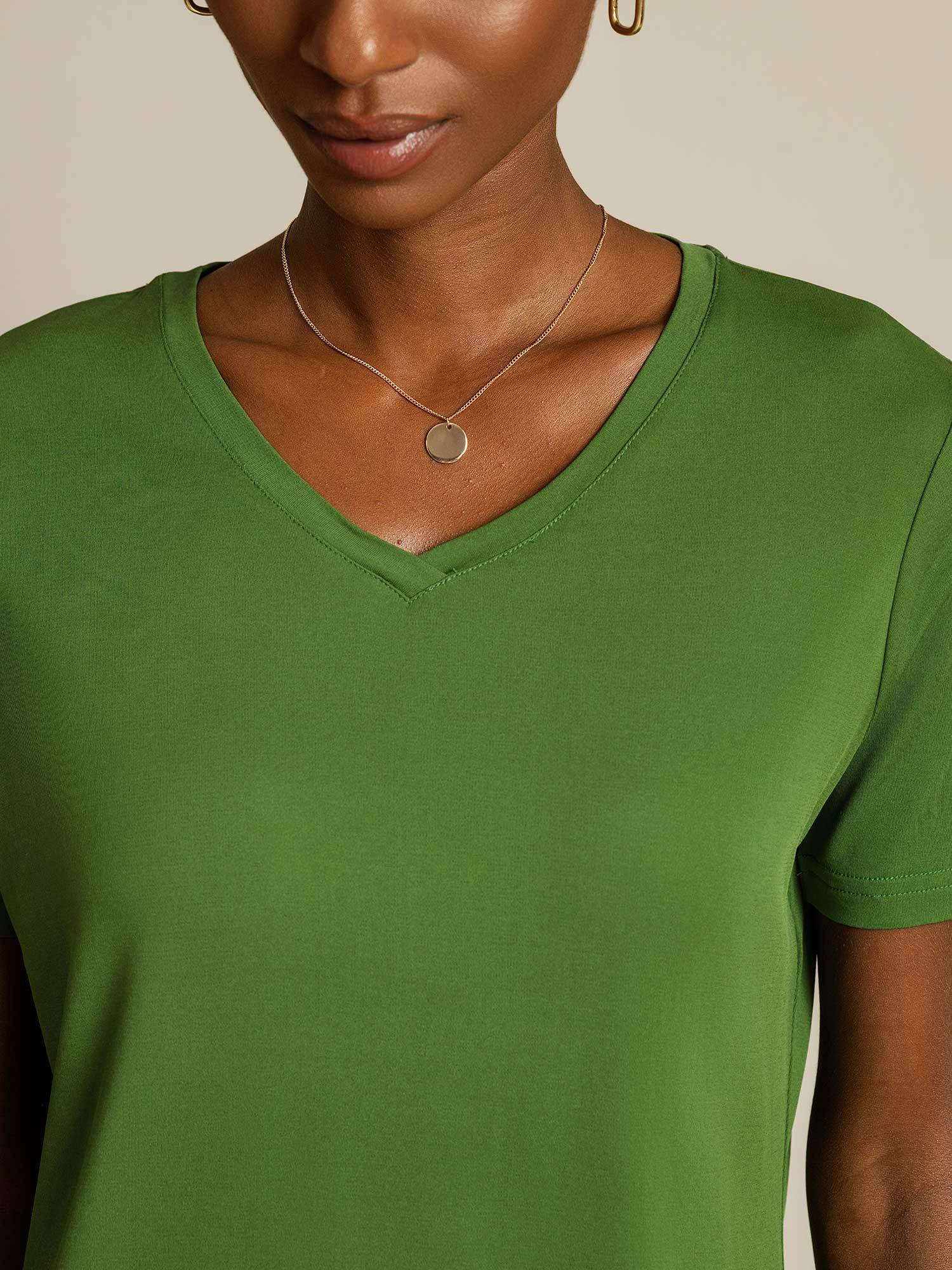 [Verde] SilkSilky-ES Seda Pura Cuello en V Camisetas de Mujer 004