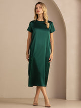 [Verde Oscuro] SilkSilky-ES Short Sleeve Round Neck Vestido 007