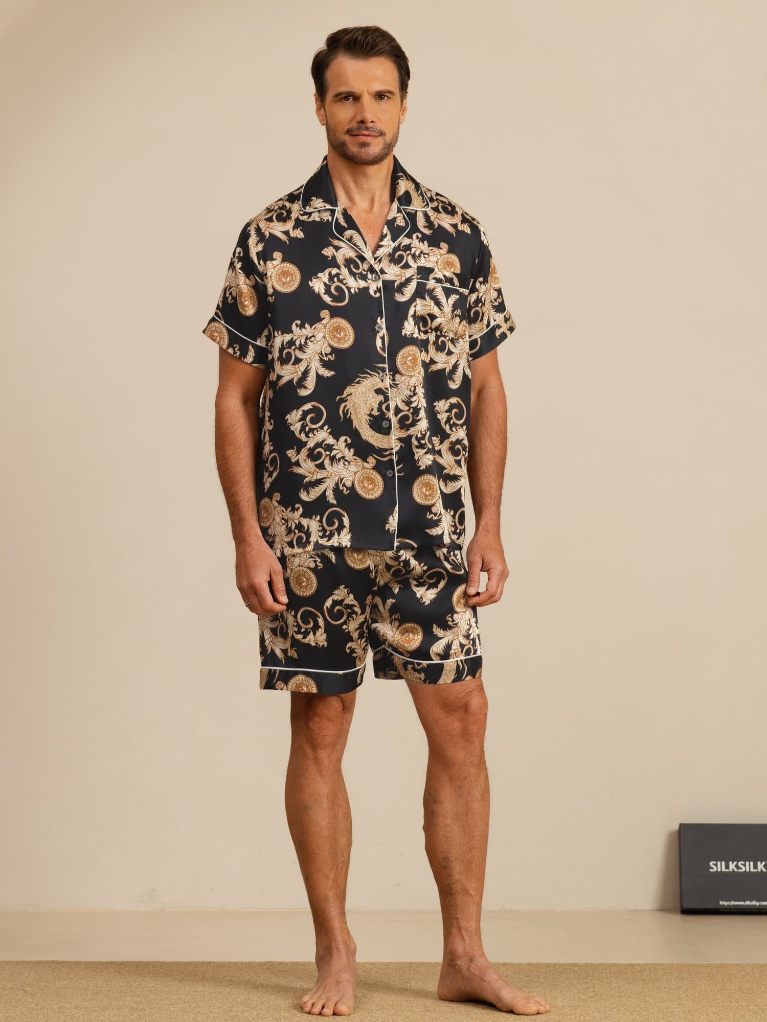 [Dragón Negro] SilkSilky-ES Manga corta Cuello de Muesca Pijamas de hombre 003