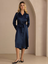 [Azul Oscuro] SilkSilky-ES Long Sleeve Lapel Collar Vestido 006