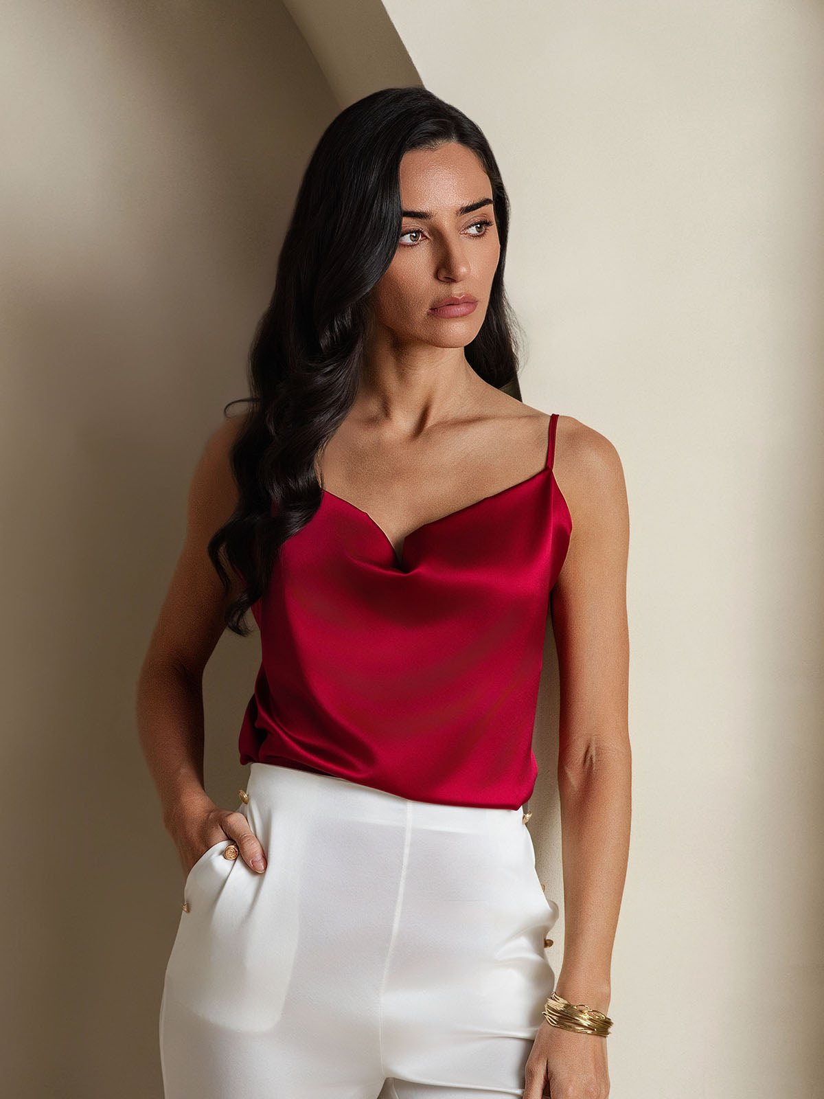 [Vino] SilkSilky-ES 19Momme Spalline Sottili Cuello Drapeado Top de tirantes 003