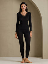 [Negro] SilkSilky-ES Long Sleeve V Neck Ropa Interior Larga Mujer 001
