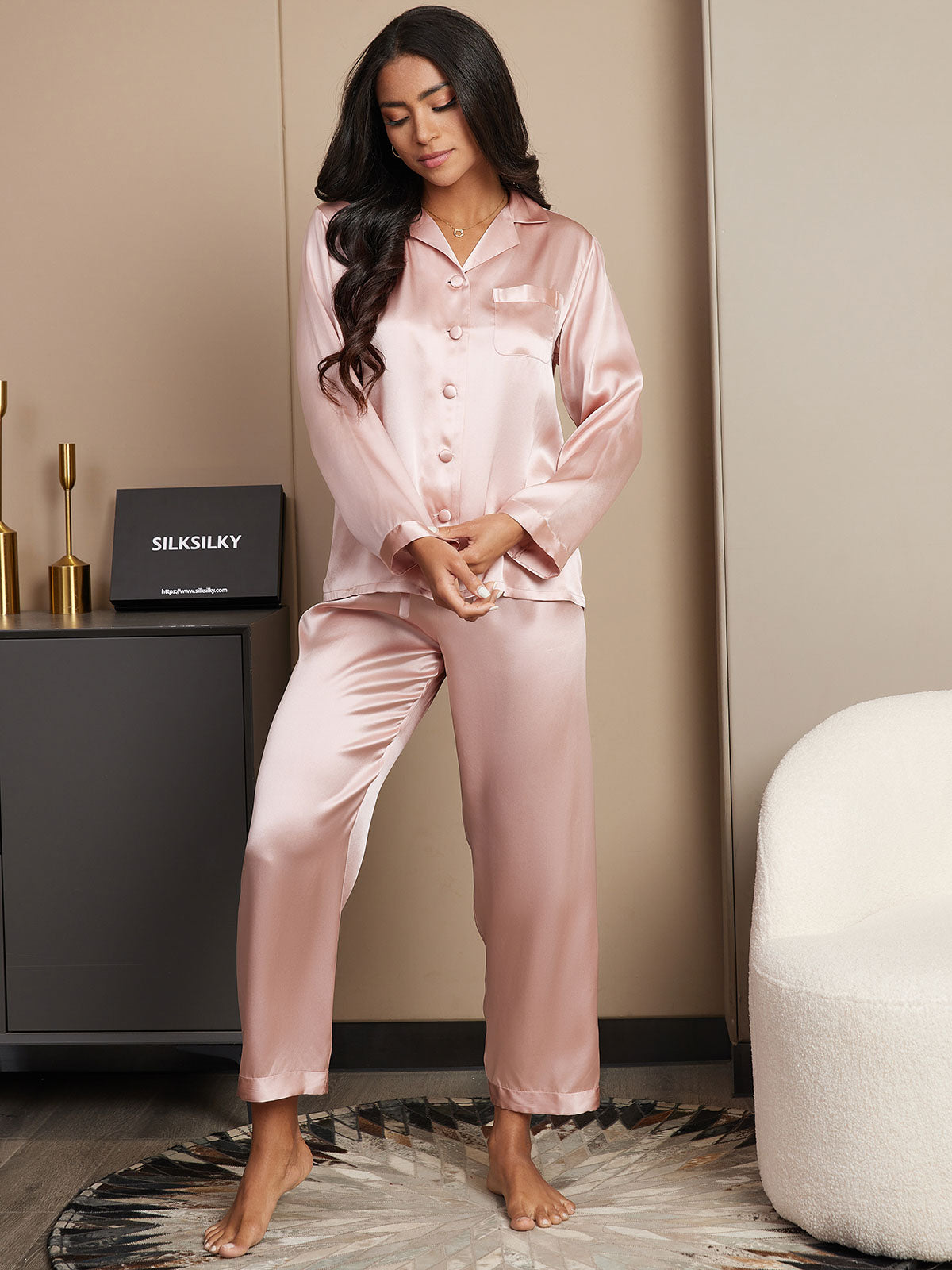 SilkSilky ES Seda Pura Manga larga Solapa Pijamas de mujer Rosa 005