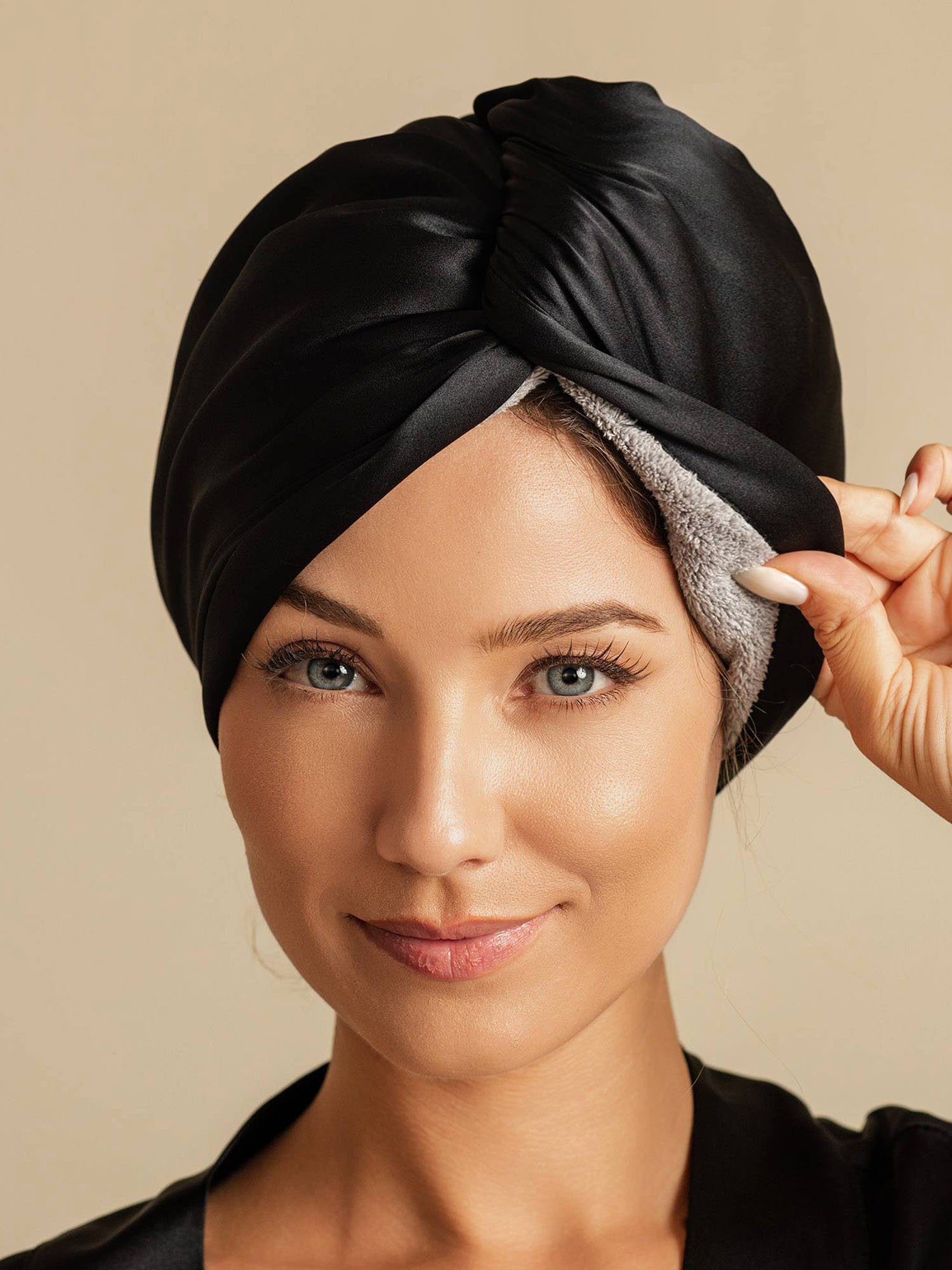 [Negro] SilkSilky-ES Seda Pura Hair Towel Wrap 001,