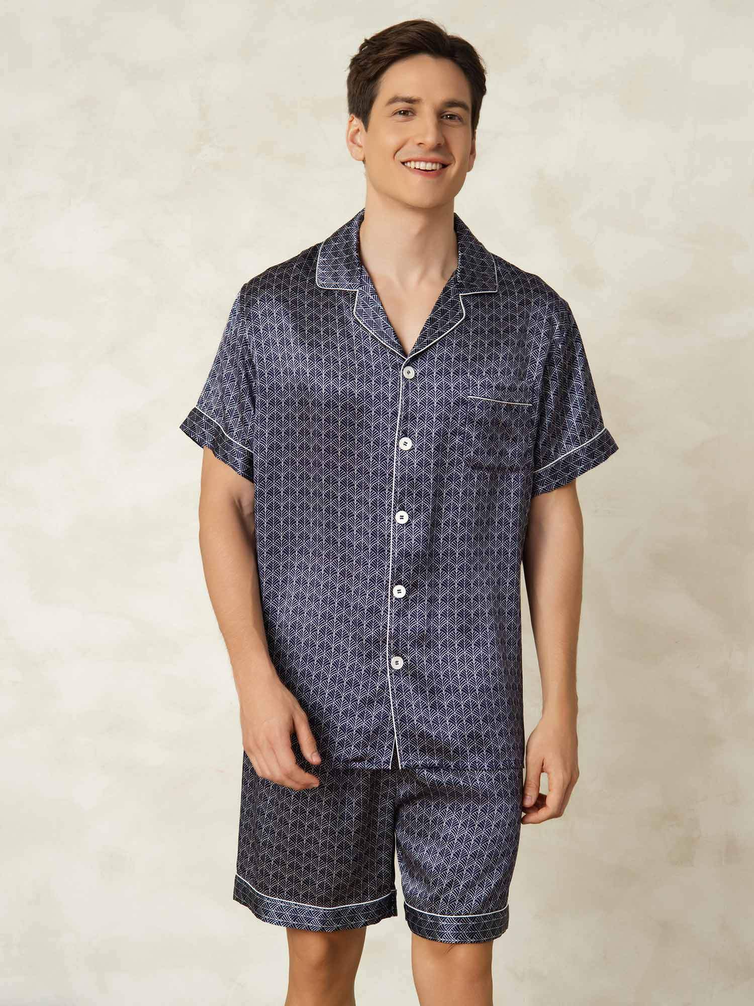 [GinkgoAzulMarino] SilkSilky-ES Seda Pura Lapel Collar Pijamas de hombre 001