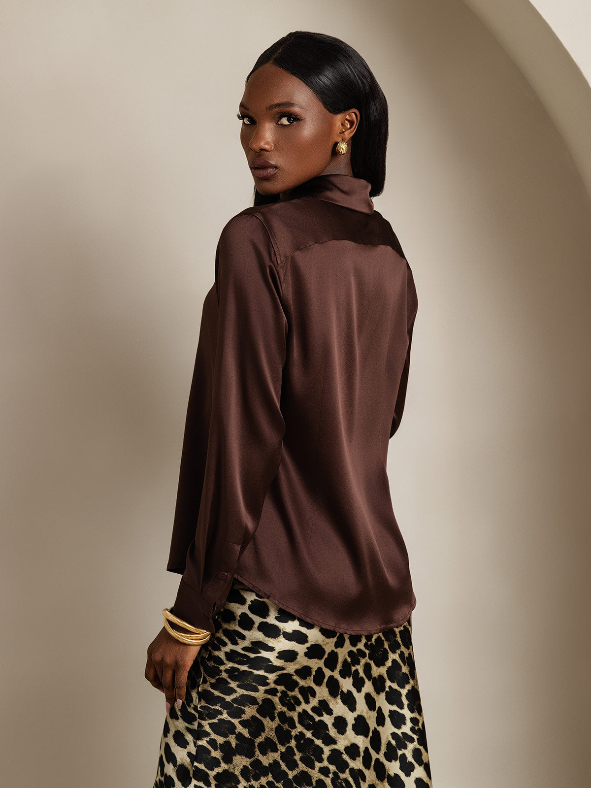 [Marrón] SilkSilky-ES Seda Lapel Collar Blusas de Mujer 002