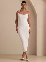 [Blanco] SilkSilky-ES Spaghetti Strap Boat Neck Vestido 007