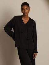 [Negro] SilkSilky-ES Long Sleeve V Neck Blusas 003