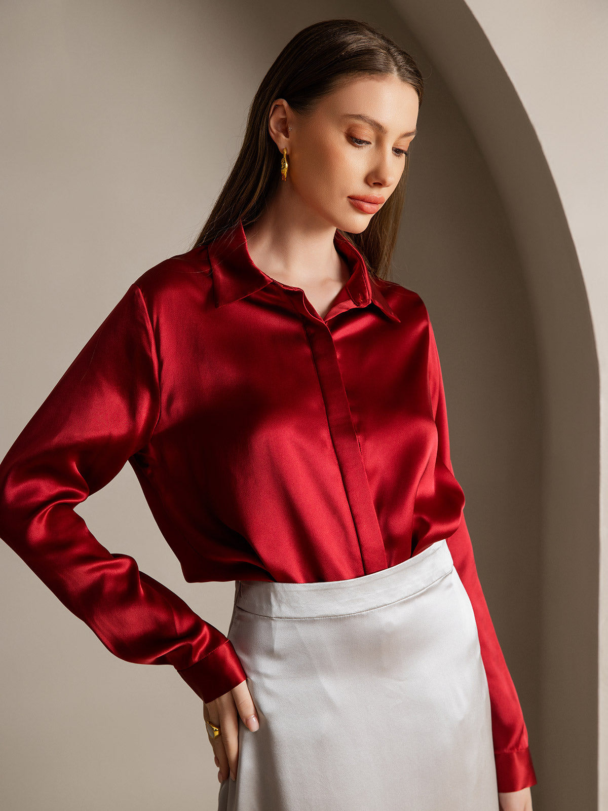 [Vino] SilkSilky-ES 19Momme Seda Lapel Collar Blusas de Mujer 001