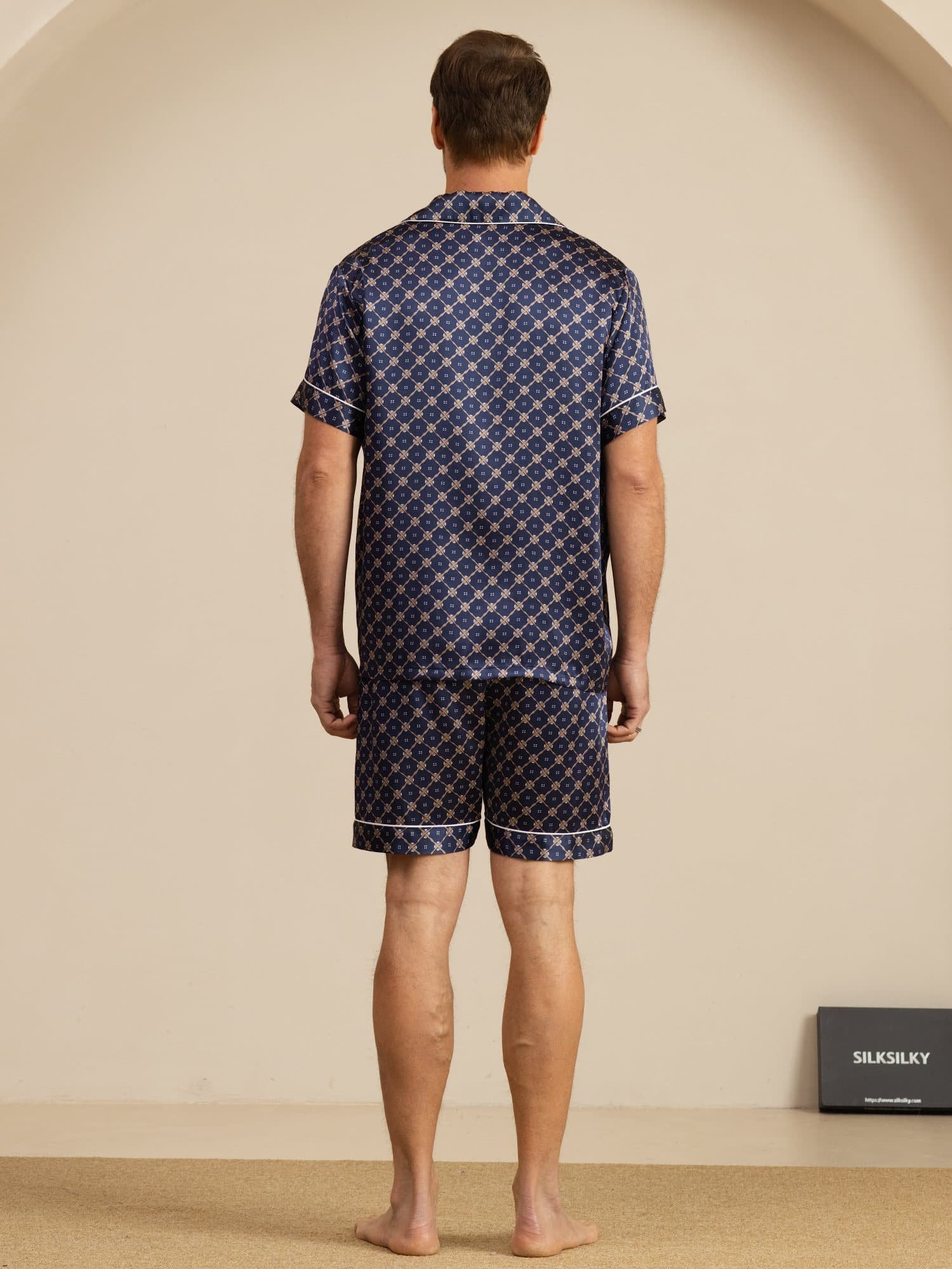 [Cadena Azul Marino] SilkSilky-ES Short Sleeve Lapel Collar Pijamas de hombre 002