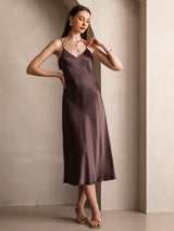 [Café] SilkSilky-ES Spaghetti Strap V Neck Vestido 006