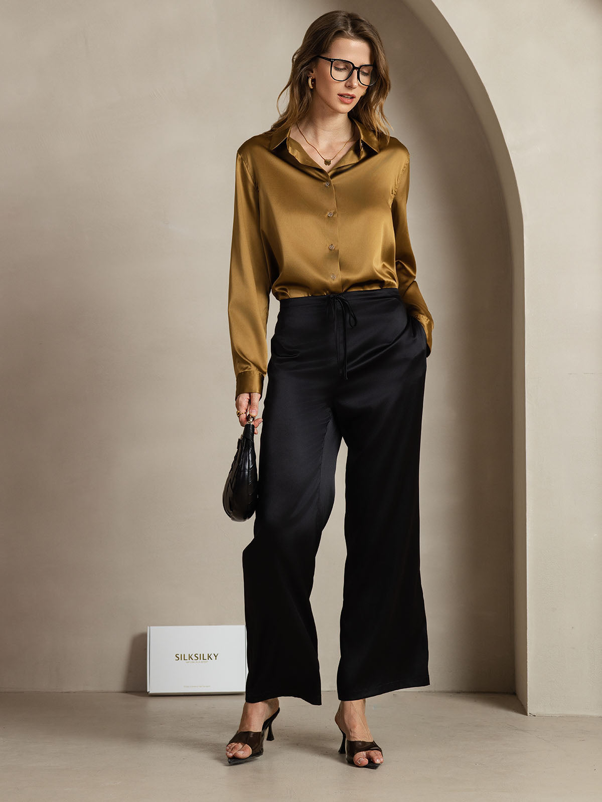 [Bronce] SilkSilky-ES Seda Manga larga Cuello Camisero Blusas de Mujer 007