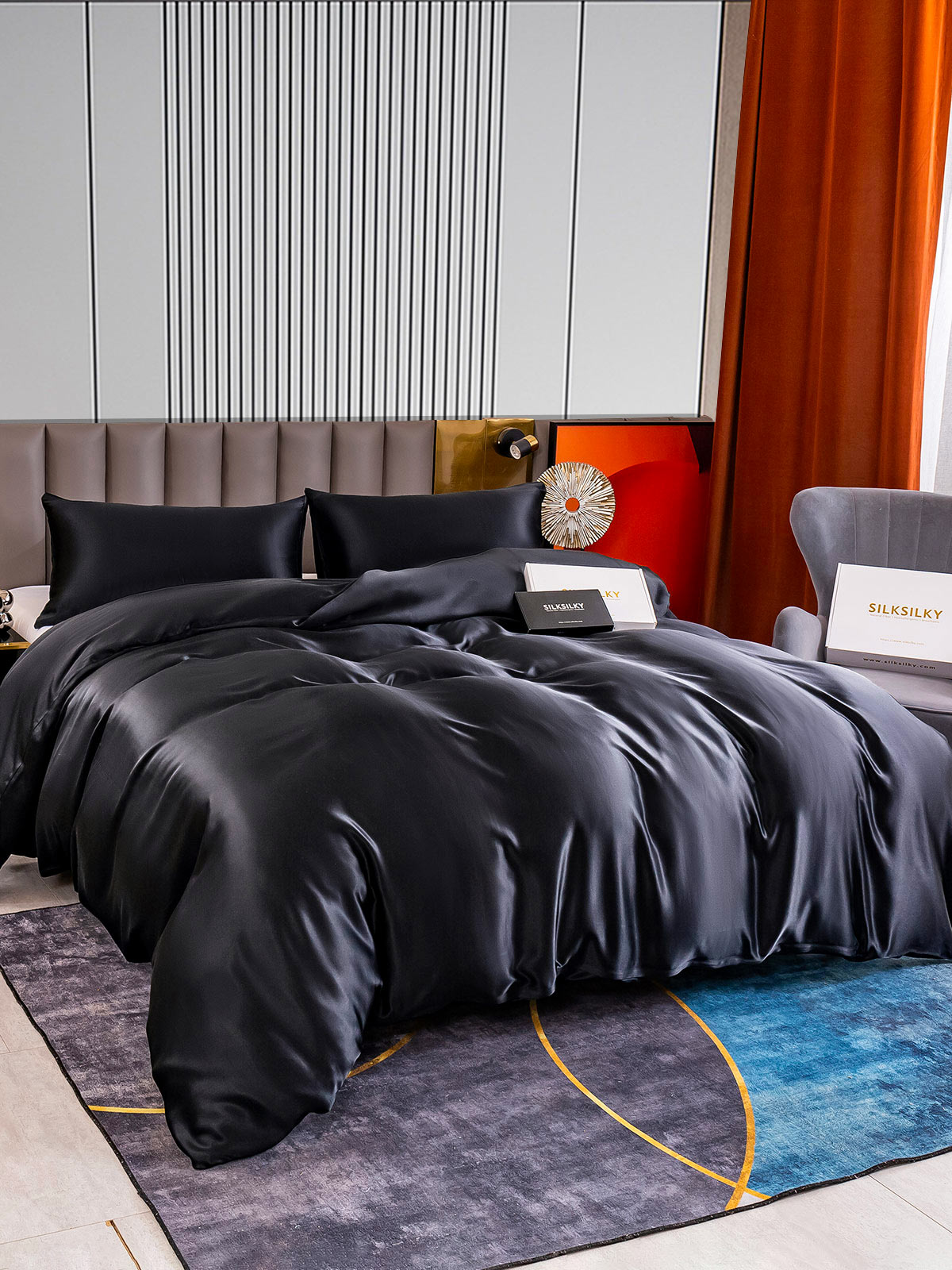 [Negro] SilkSilky-ES 22Momme Seda Pura Bedding Set 003