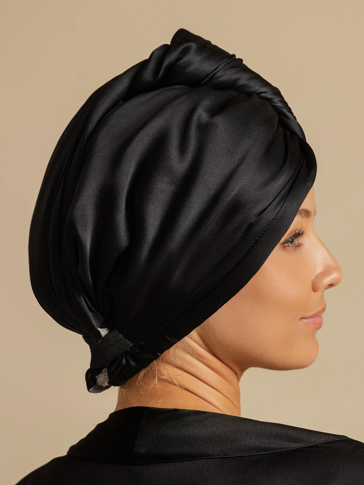 [Negro] SilkSilky-ES Seda Pura Hair Towel Wrap 002,