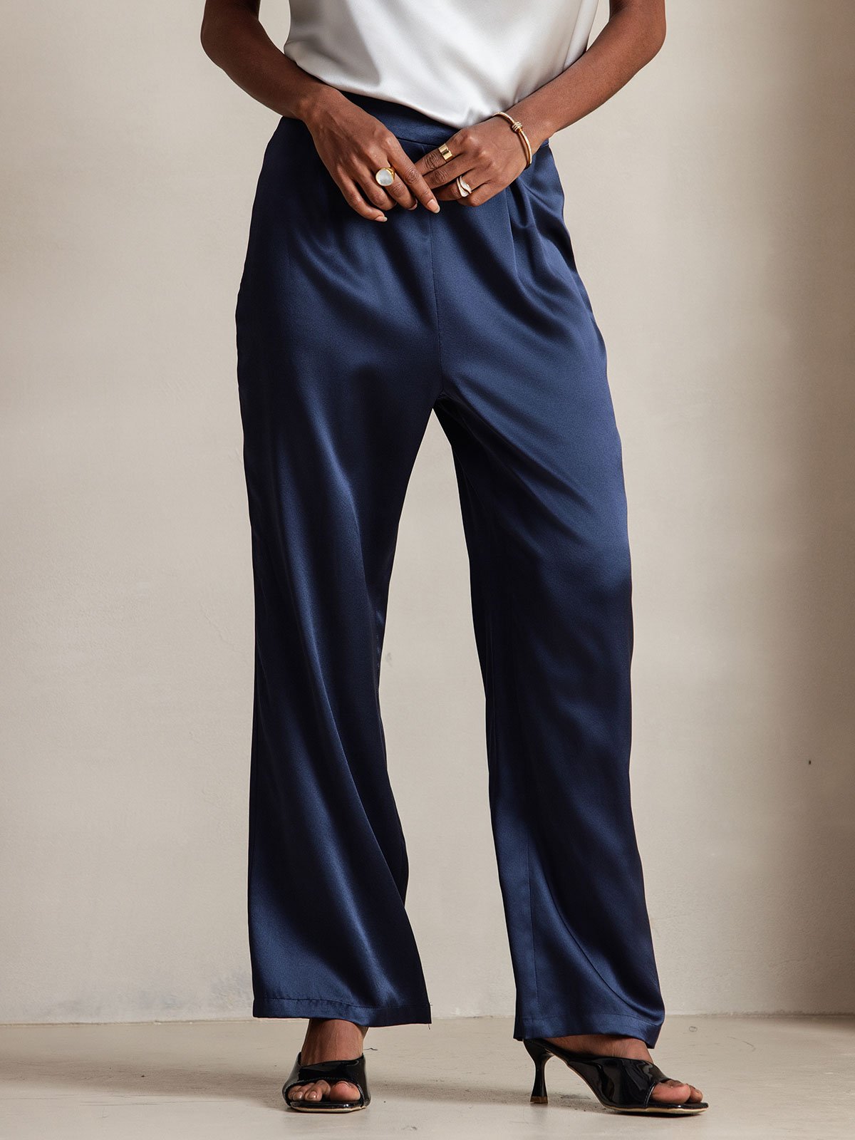 [Azul Oscuro] SilkSilky-ES 19Momme Seda Womens Pants 002