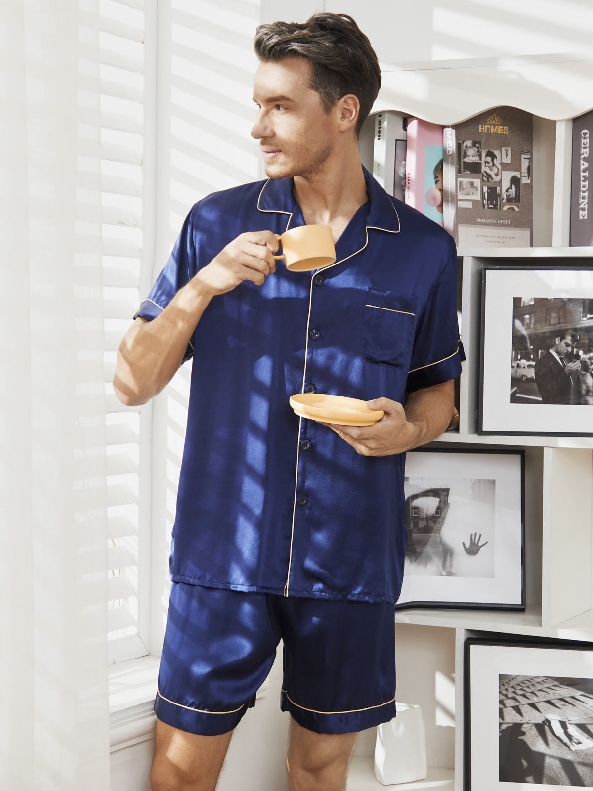 SilkSilky ES Pure Silk Short Sleeve Mens Pajamas AzulOscuro 001