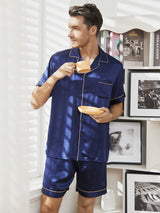 [Azul Oscuro] SilkSilky-ES Short Sleeve Lapel Collar Pijamas de hombre 001