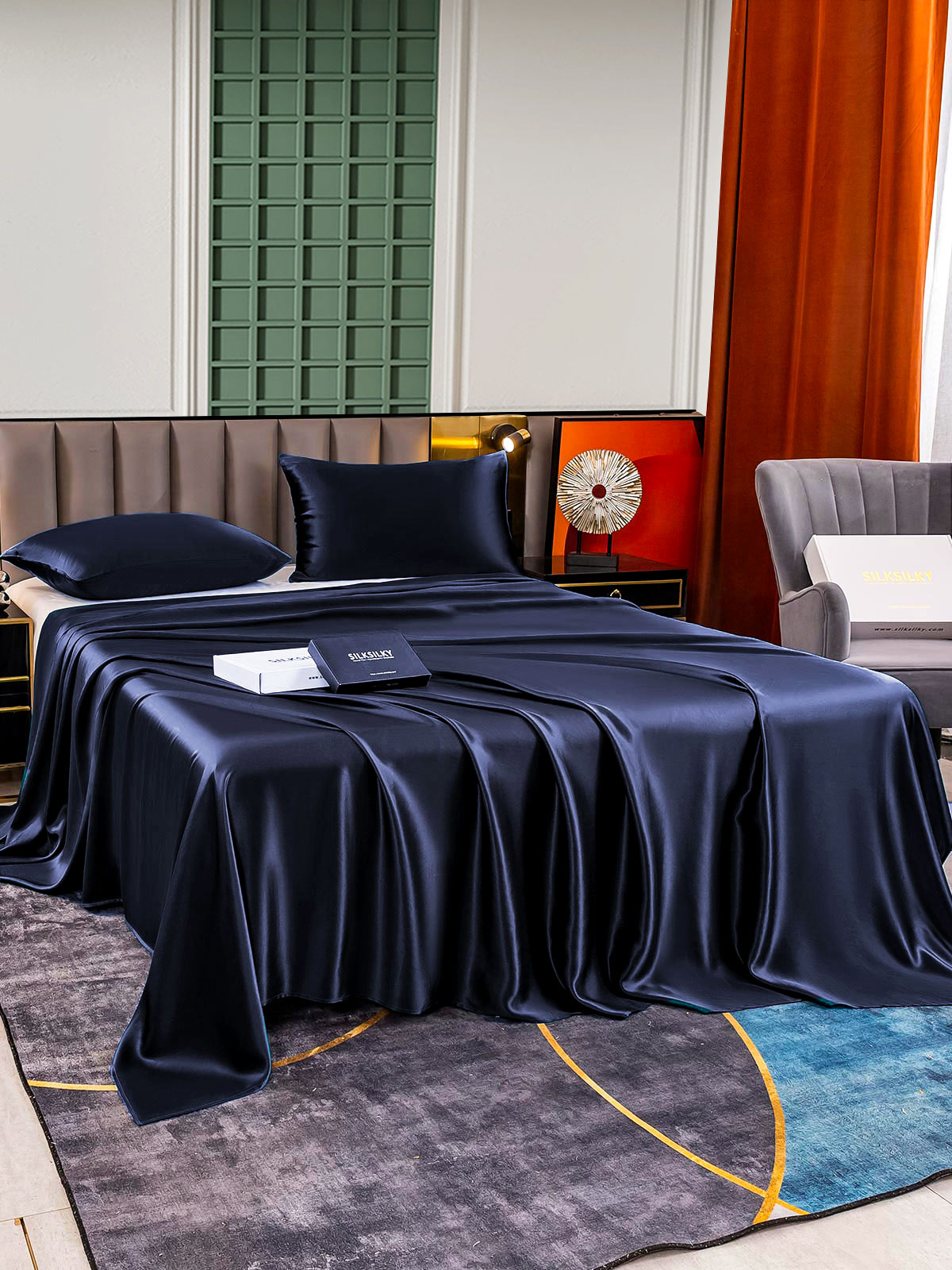 [Azul Oscuro] SilkSilky-ES 25Momme Seda Pura Bedding Set 003