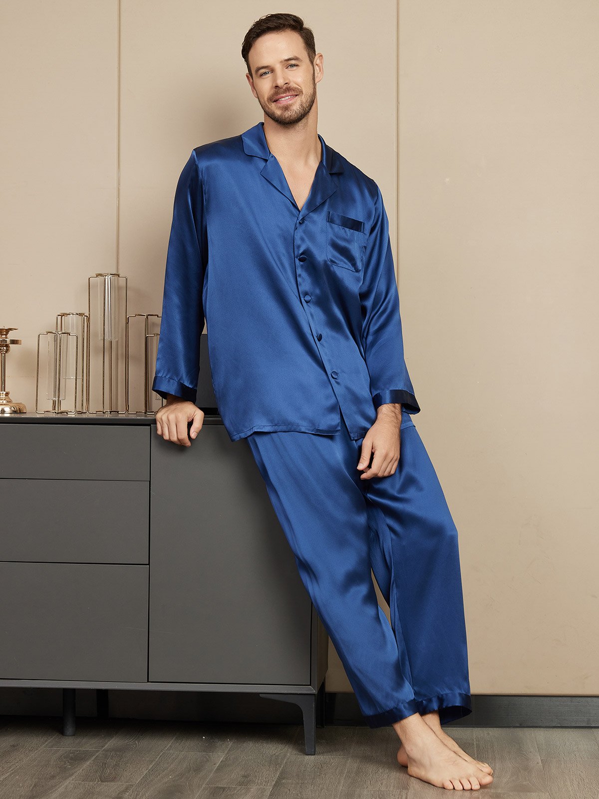 [Azul Oscuro] SilkSilky-ES Seda Pura Mens Pajamas 004