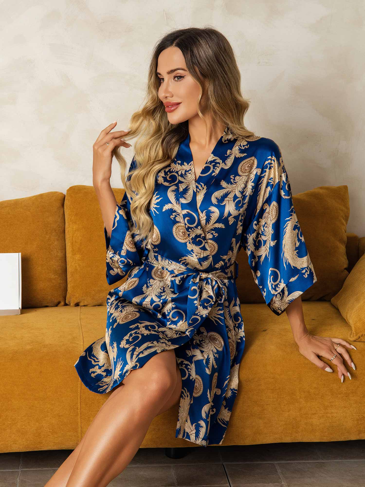 [Dragón Navy] SilkSilky-ES Seda Pura Cuello en V Bata de mujer 004