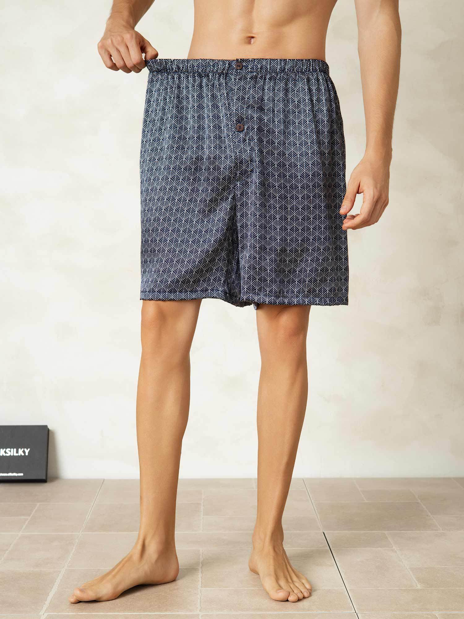 [Ginkgo Azul Marino] SilkSilky-ES Seda Pura Mens Sleep Bottoms 005,