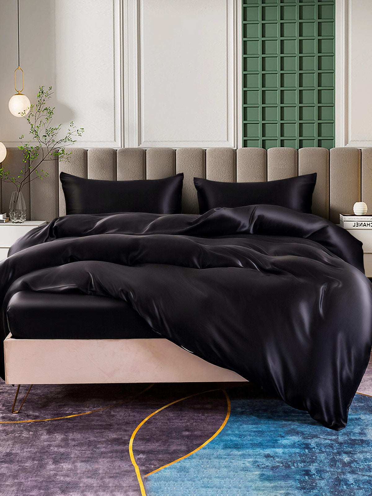 [Negro] SilkSilky-ES 25Momme Seda Pura Bedding Set 005