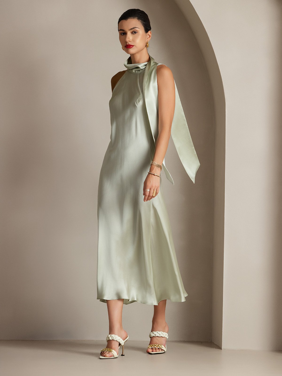 [Verde Claro] SilkSilky-ES 19Momme Seda Sin mangas Corbata Vestido 001