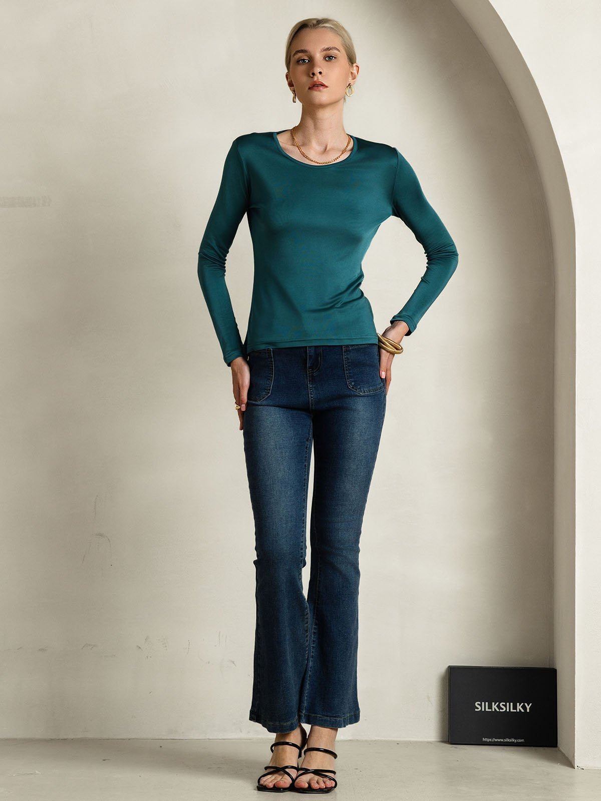 [Verde Oscuro] SilkSilky-ES Seda Womens T-Shirt 005
