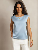 [Azul Grisáceo] SilkSilky-ES Cap Sleeve Round Neck Camisetas de Mujer 001
