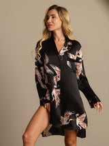 [Negro] SilkSilky-ES Long Sleeve Lapel Collar Camisas de dormir 002
