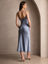 [Azul Grisáceo] SilkSilky-ES Spaghetti Strap V Neck Vestido 002