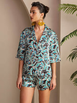 [Botánico Teal] SilkSilky-ES Short Sleeve Notch Collar Pijamas de mujer 003