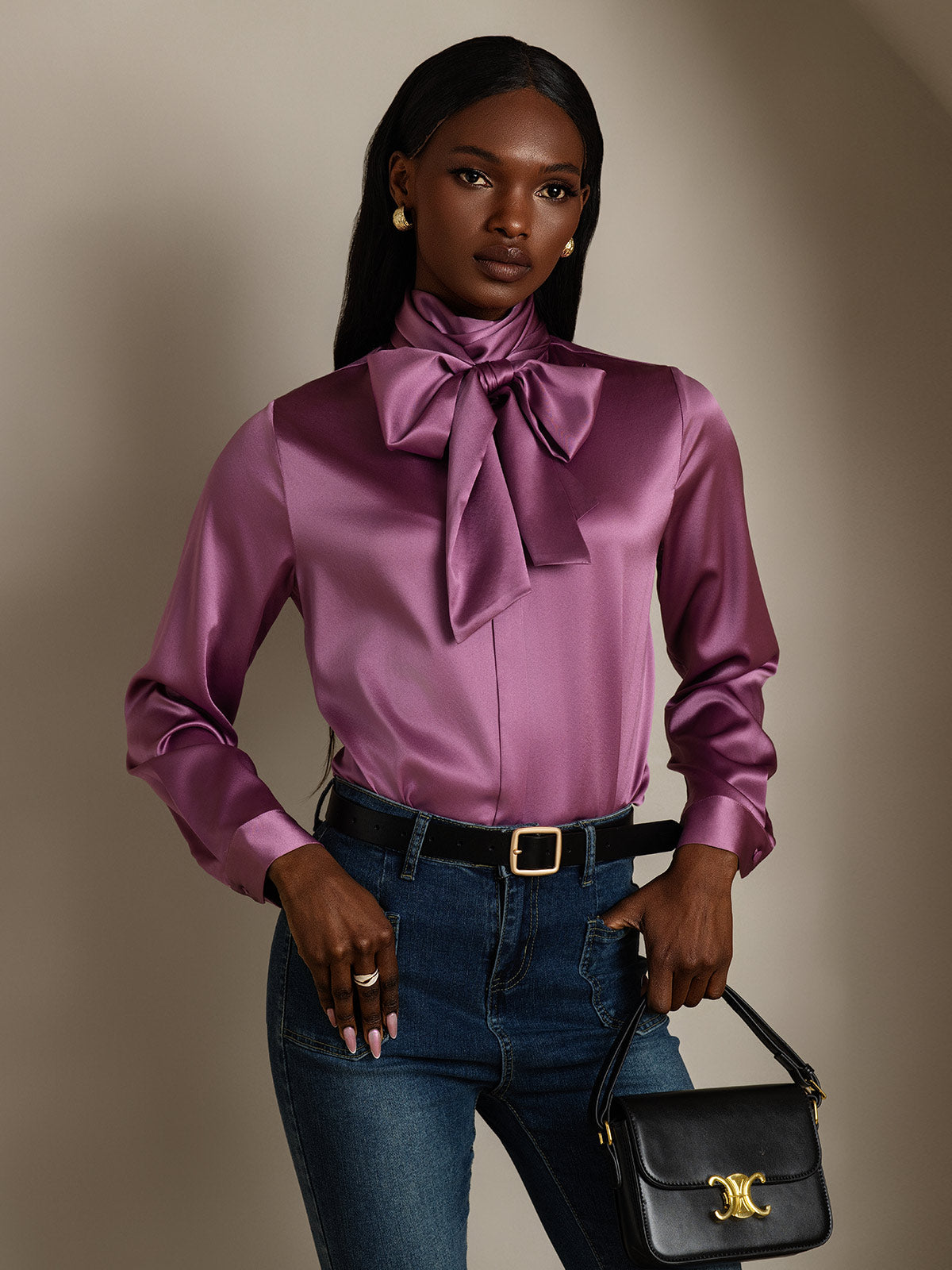 [Morado Oscuro] SilkSilky-ES 19Momme Seda Manga larga Corbata Blusas de Mujer 003