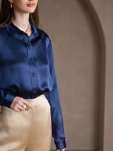 [Azul Oscuro] SilkSilky-ES Long Sleeve Lapel Collar Blusas de Mujer 006