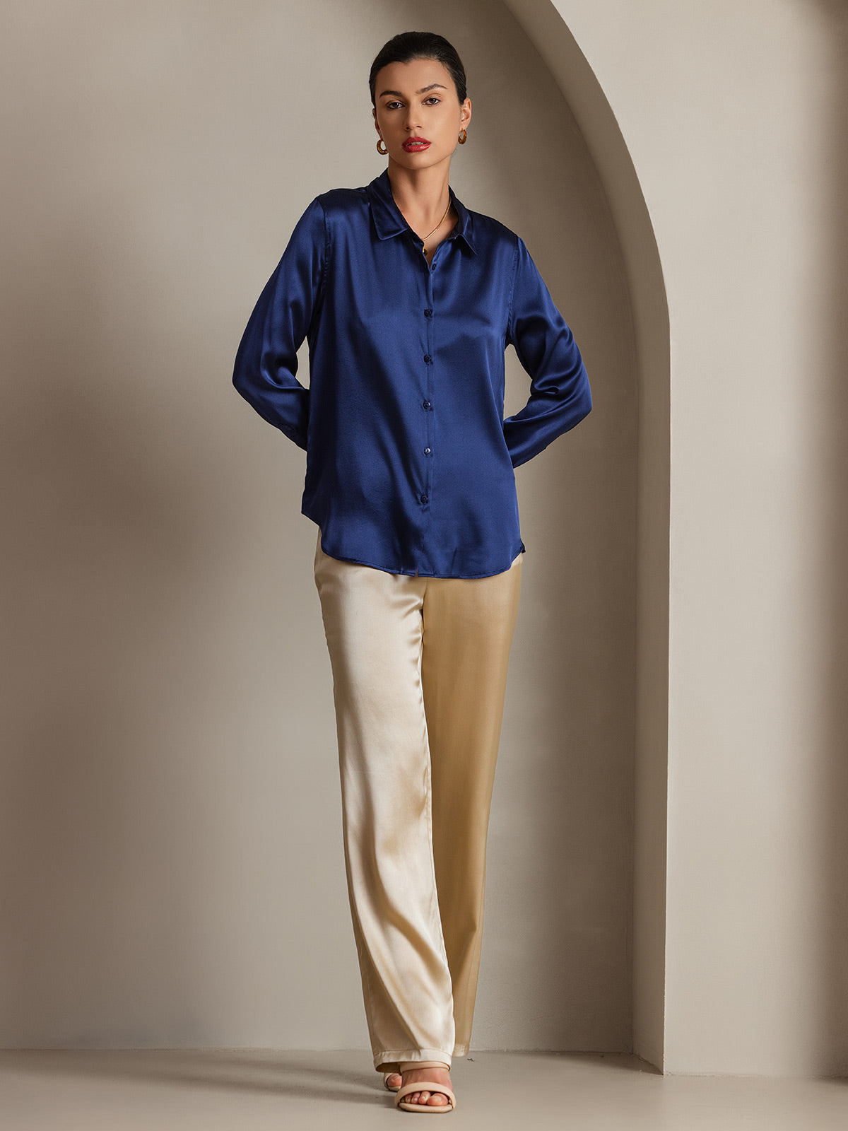 [Azul Oscuro] SilkSilky-ES 19Momme Manga larga Cuello con Solapa Blusas de Mujer 004