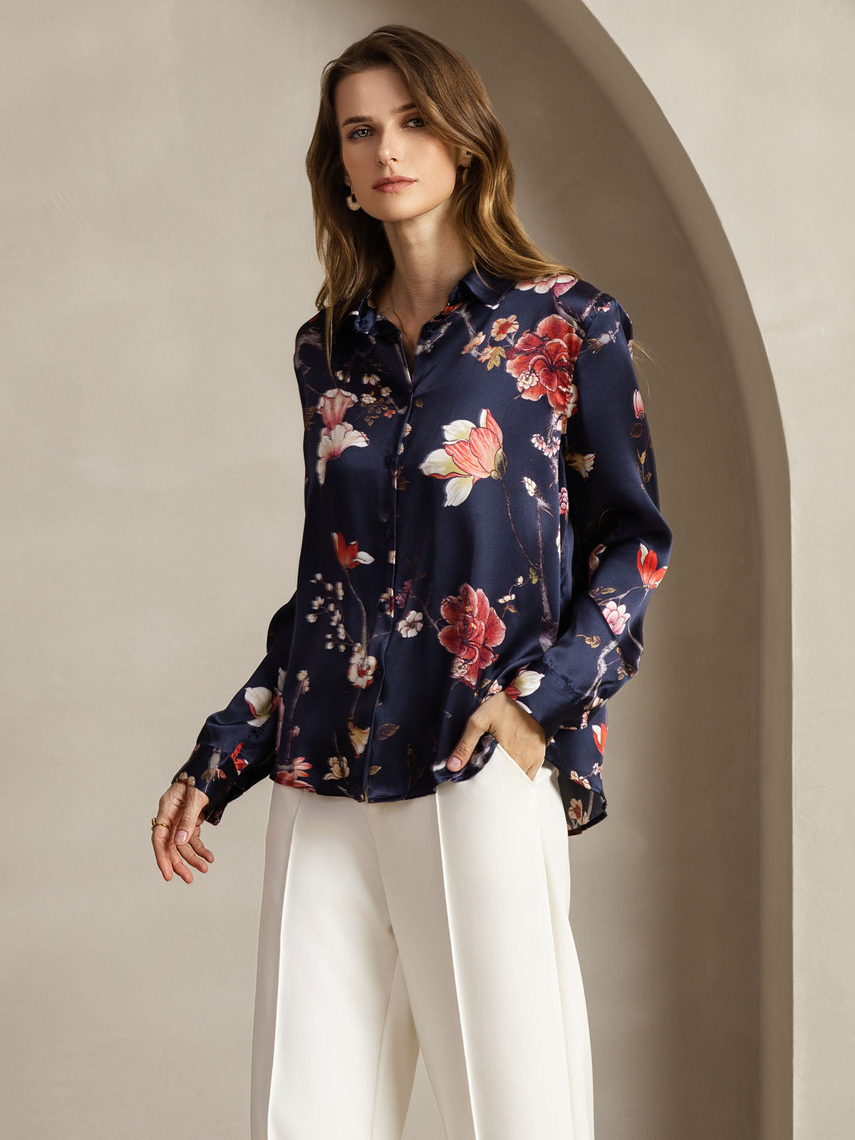 [Floral Azul Marino] SilkSilky-ES Seda Lapel Collar Blusas de Mujer 006