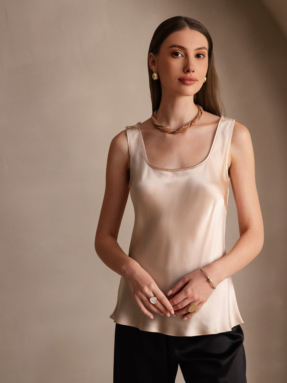 [Champán] SilkSilky-ES 19Momme Seda Cuello en U Top de tirantes 004