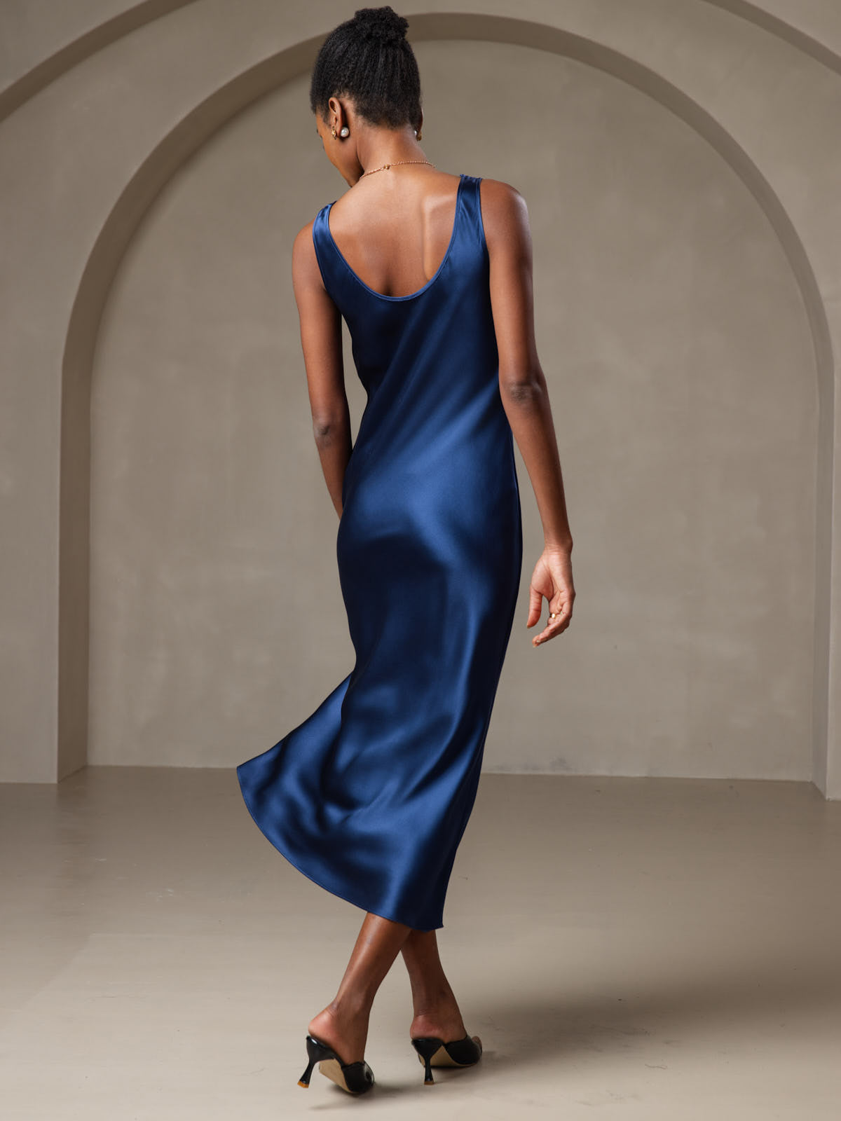 [Azul Oscuro] SilkSilky-ES Seda Pura Cuello Barco Vestido 002