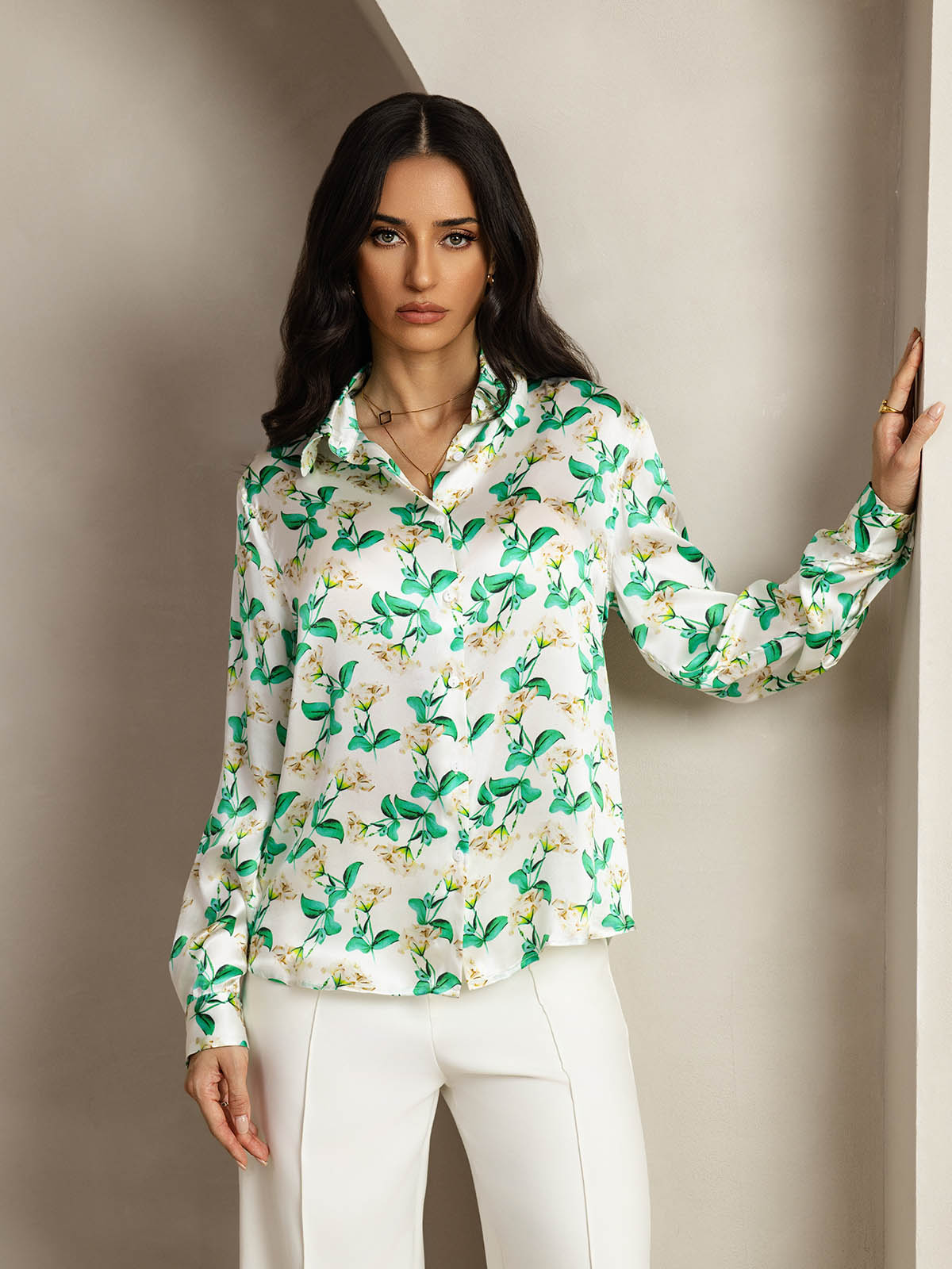 [Floral Verde] SilkSilky-ES Seda Manga larga Cuello Camisero Blusas de Mujer 001