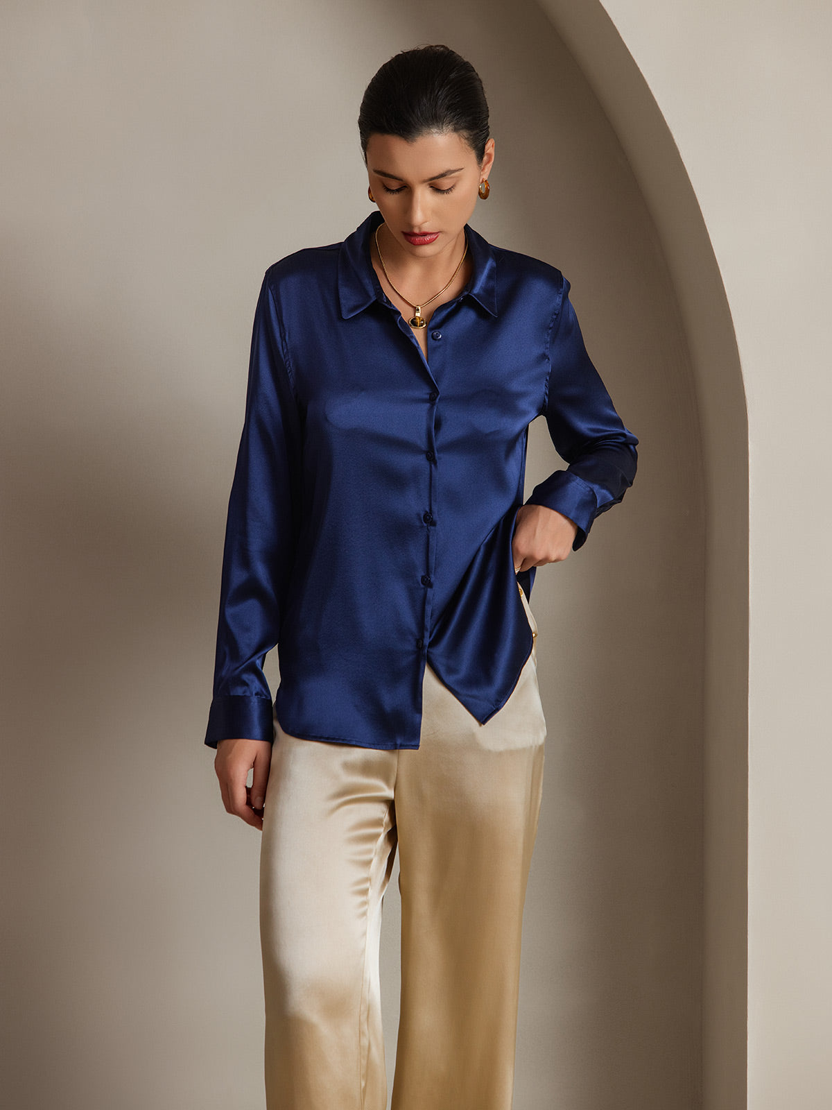 [Azul Oscuro] SilkSilky-ES 19Momme Manga larga Cuello con Solapa Blusas de Mujer 003