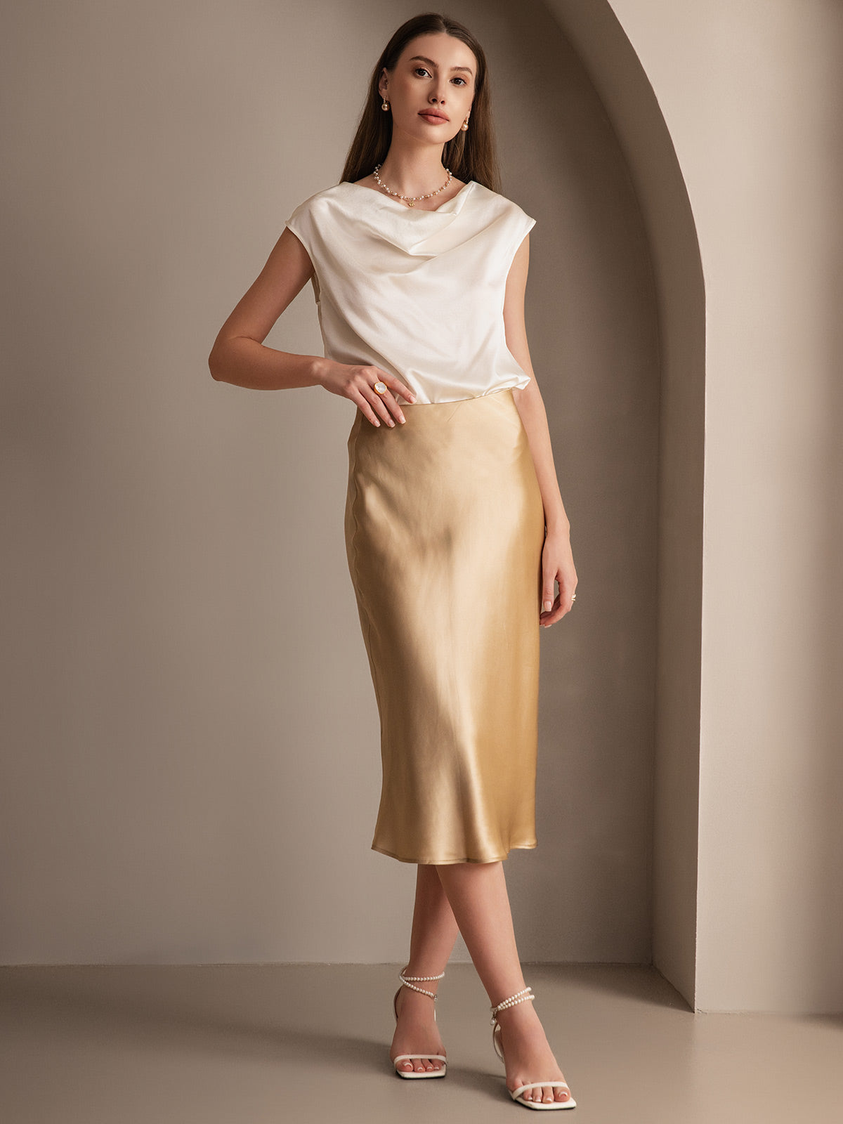 SilkSilky-ES 19Momme Seda Pura Skirt Champán 001