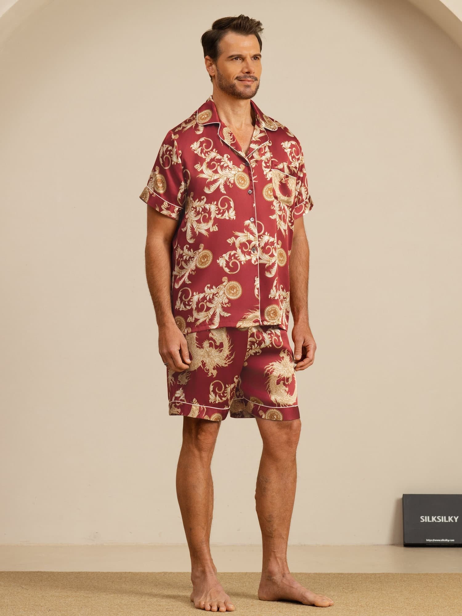 [Dragón Vino] SilkSilky-ES Manga corta Cuello de Muesca Pijamas de hombre 006