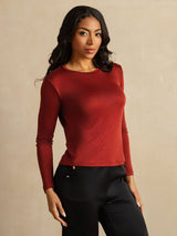 [Ladrillo Cocido] SilkSilky-ES Long Sleeve Crew Neck Camisetas de Mujer 007