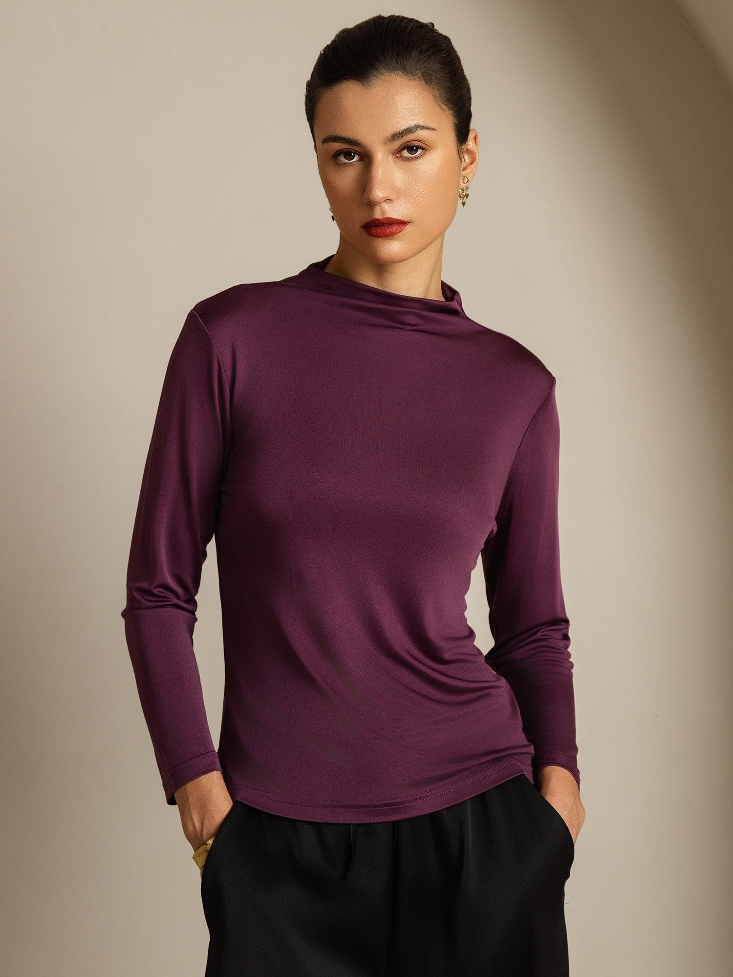 [Púrpura] SilkSilky-ES Seda Pura Womens T-Shirt 001