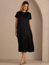 [Negro] SilkSilky-ES Short Sleeve Round Neck Vestido 003