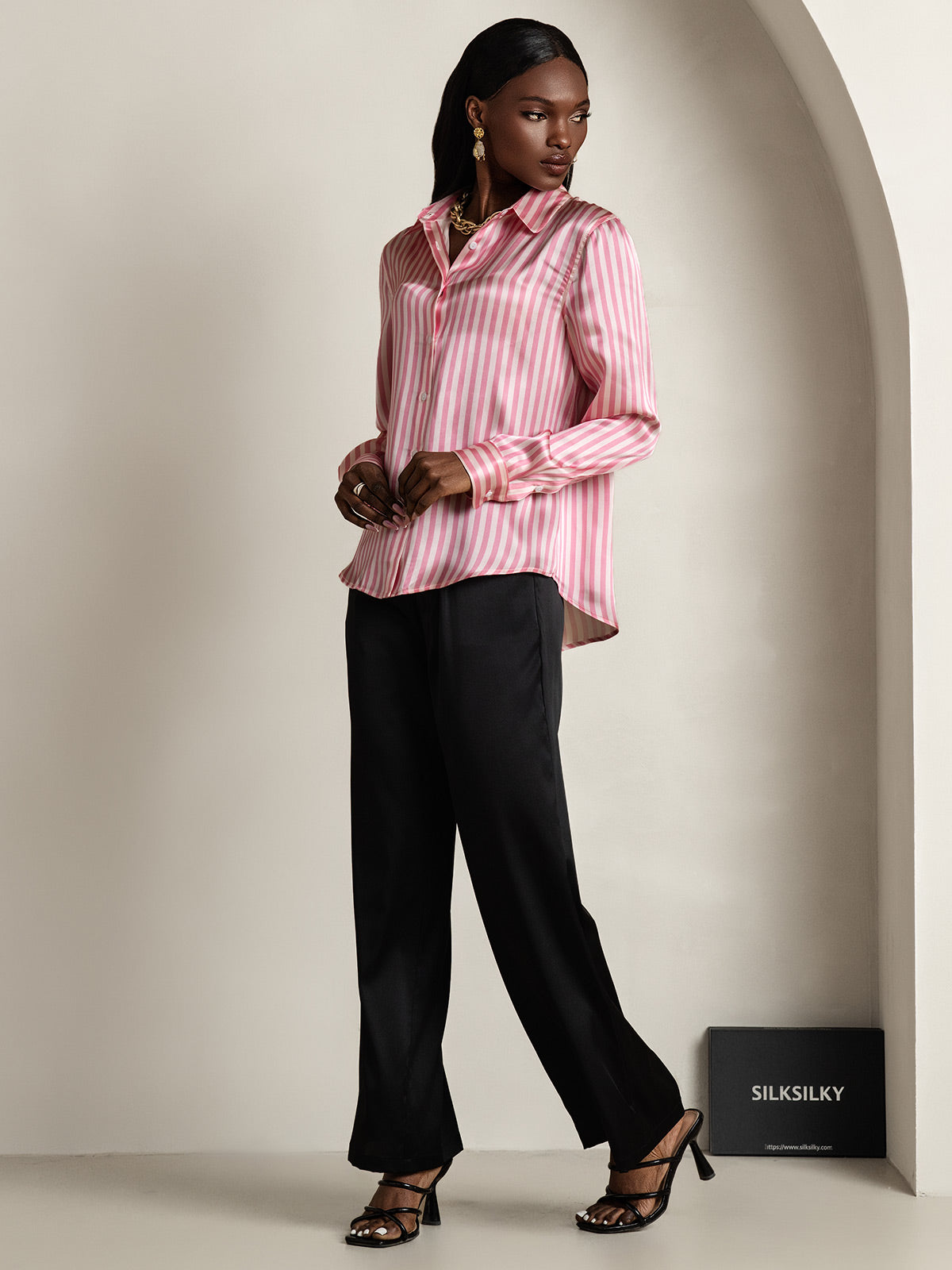 [Rosa] SilkSilky-ES Seda Lapel Collar Blusas de Mujer 007