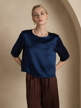 [Azul Oscuro] SilkSilky-ES A metà Escote Cuchara Camisetas de Mujer 001
