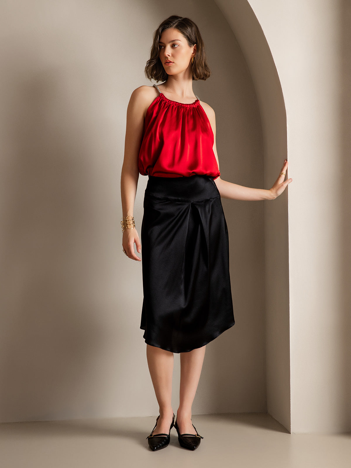 [Negro] SilkSilky-ES 19Momme Seda Skirt 006