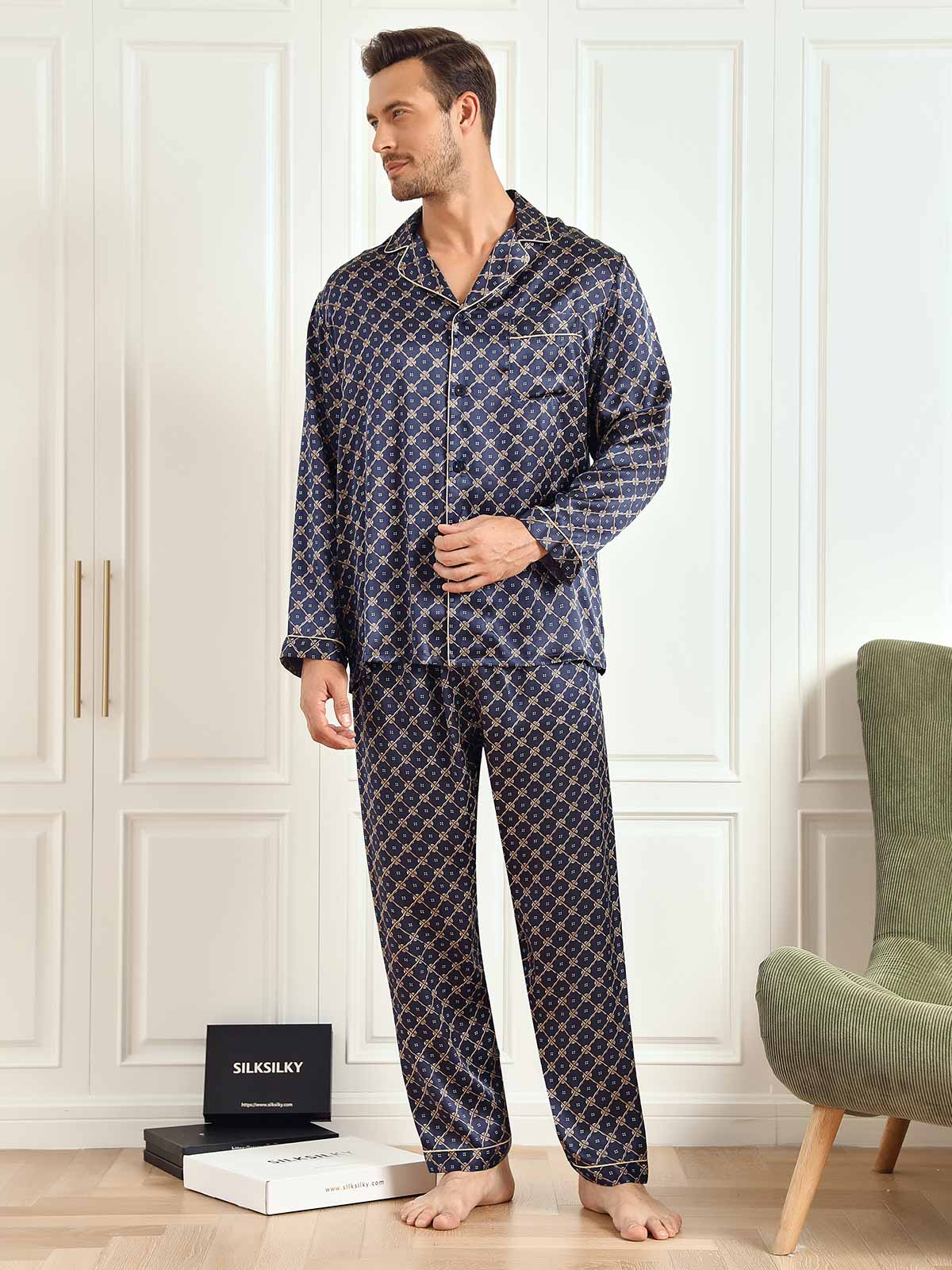 SilkSilky ES 19Momme Seda Pura Manga larga Solapa Pijamas de hombre AzulOscuro 006